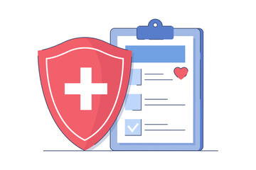 Obraz premium Health insurance claim form icon flat vector illustration. Medical service and healthcare family concept. Filling clinic document and red protective shield with cross on white background.