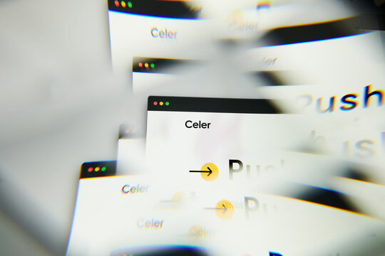 Milan, Italy - January 11, 2022: celer network - CELR logo on laptop screen seen through an optical prism. Dynamic and unique image form celer network, CELR coin website. Illustrative editorial.