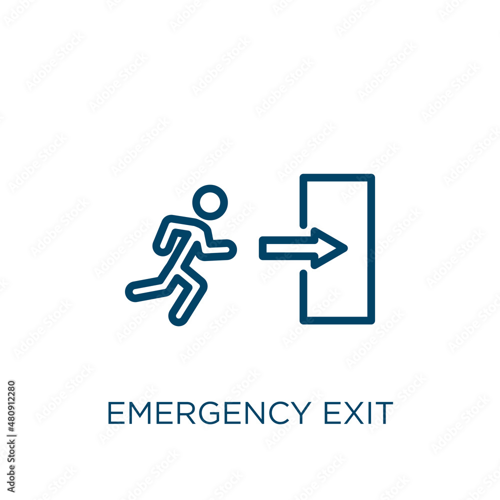 Poster emergency exit icon. thin linear emergency exit, emergency, exit outline icon isolated on white back