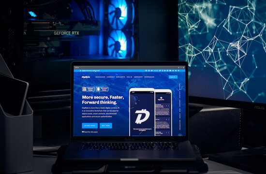 Milan, Italy - January 11, 2022: digibyte - DGB website's hp seen on a laptop screen. digibyte, DGB coin logo visible. Cryptocurrency, defi, nft concepts illustrative editorial.