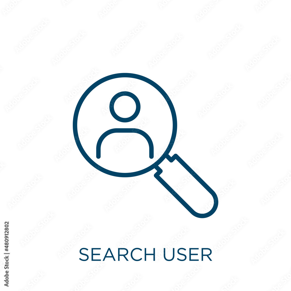 Poster search user icon. thin linear search user, user, search outline icon isolated on white background. l