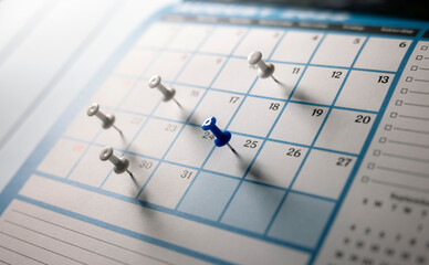 Calendar appointment thumbtacks in various dates on calendar diary