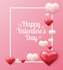 Valentines day concept background. Vector illustration. 3d red and pink hearts with white frame. Cute love sale banner or greeting card