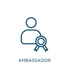 ambassador icon. Thin linear ambassador, brand, business outline icon isolated on white background. Line vector ambassador sign, symbol for web and mobile - obrazy, fototapety, plakaty