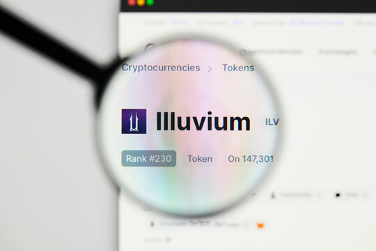 Milan, Italy - January 11, 2022: illuvium - ILV website's hp.  illuvium, ILV coin logo visible through a loope. Defi, ntf, cryptocurrency concepts illustrative editorial.