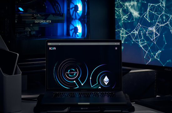 Milan, Italy - January 11, 2022: icon - ICX website's hp seen on a laptop screen. icon, ICX coin logo visible. Cryptocurrency, defi, nft concepts illustrative editorial.