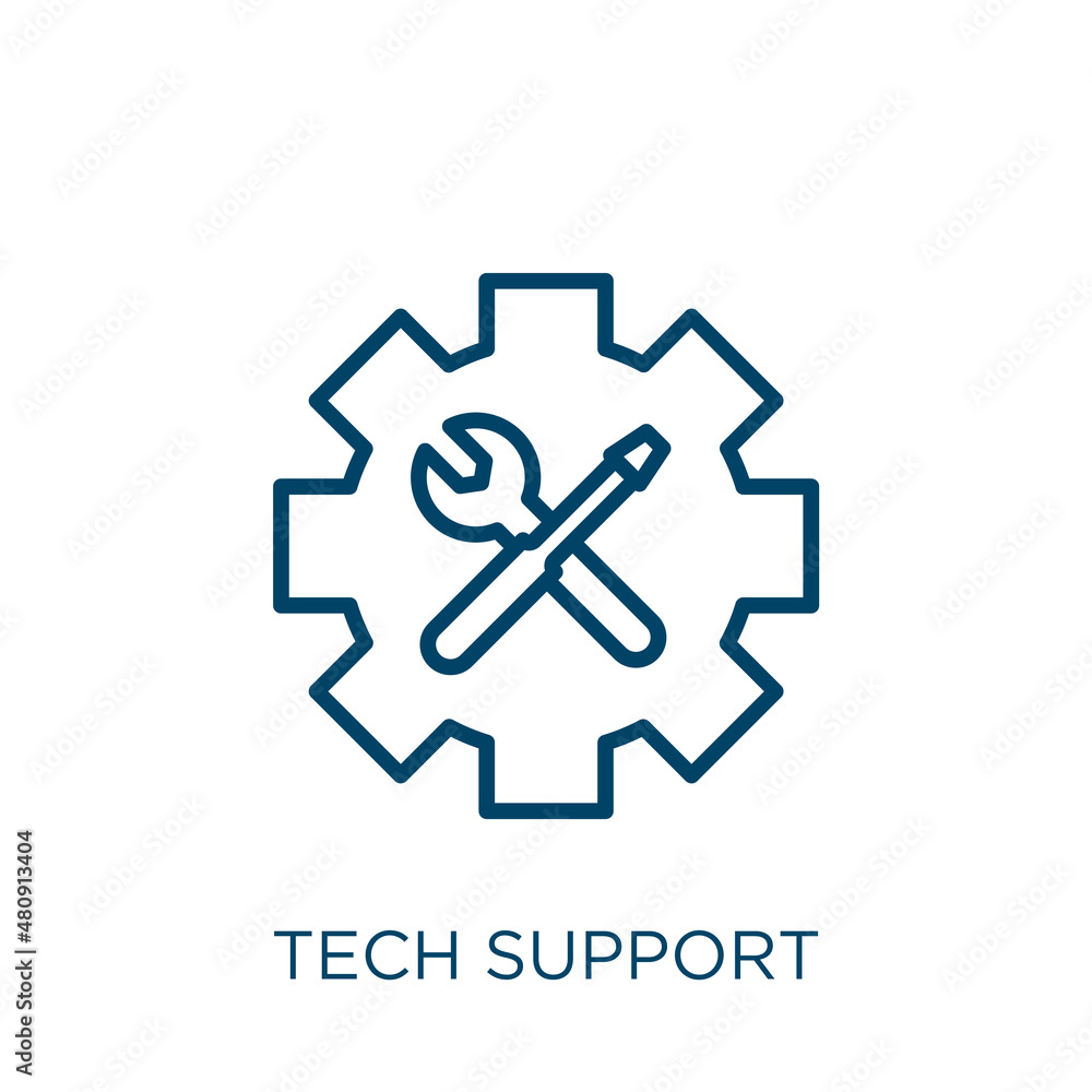 Poster tech support icon. thin linear tech support, business, support outline icon isolated on white backgr