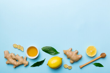 Natural cold and flu home remedies. Natural ingredients for immunity stimulation and viruses protection. top view flat lay