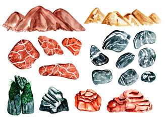 Watercolor set of natural stones textures. Pebbles, boulders, desert sand, rocks, beach stones, mountains, hills.