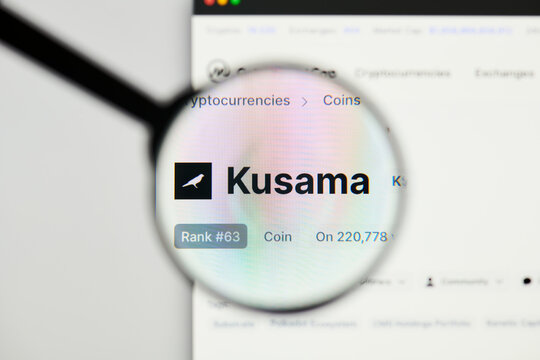 Milan, Italy - January 11, 2022: kusama - KSM website's hp.  kusama, KSM coin logo visible through a loope. Defi, ntf, cryptocurrency concepts illustrative editorial.