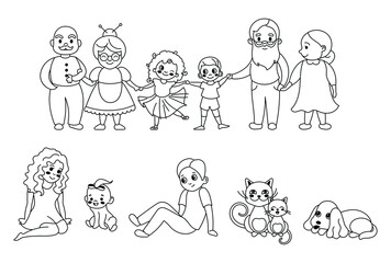 Naklejka premium Set of doodle family figures. Collection of happy cartoon people. Vector illustration of cute stick figures. Hand-drawn.
