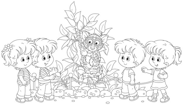 Happy little kids walking at a zoological garden and watching a funny exotic Philippine tarsier which sitting on a small tropical tree in an open-air cage, black and white vector cartoon