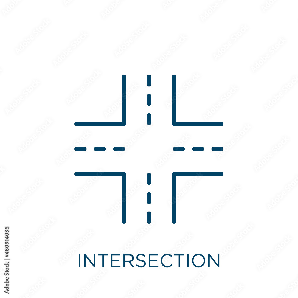 Poster intersection icon. thin linear intersection, junction, road outline icon isolated on white backgroun