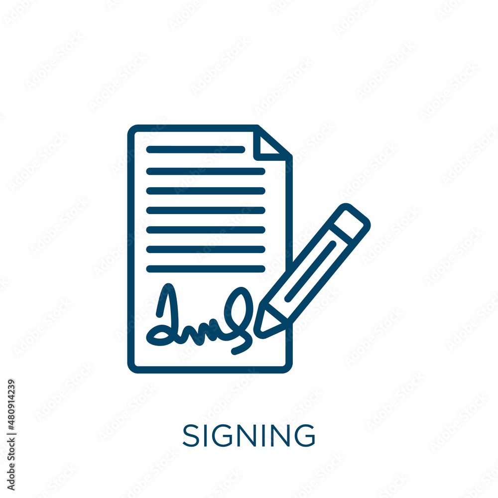 Poster signing icon. thin linear signing, business, app outline icon isolated on white background. line vec