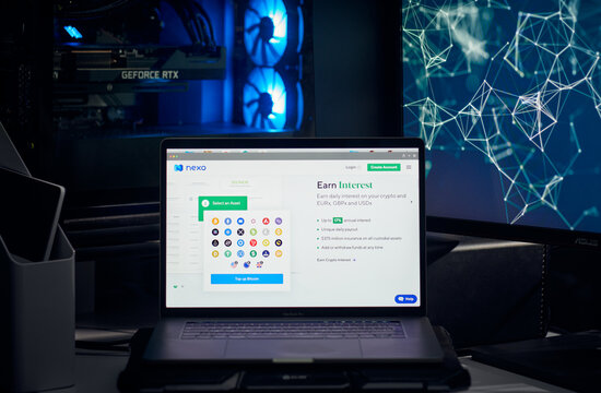 Milan, Italy - January 11, 2022: nexo - NEXO website's hp seen on a laptop screen. nexo, NEXO coin logo visible. Cryptocurrency, defi, nft concepts illustrative editorial.