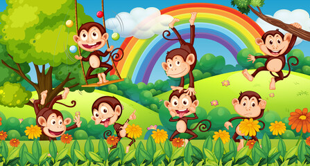 Obraz na płótnie Canvas Outdoor park with little monkeys doing different activities