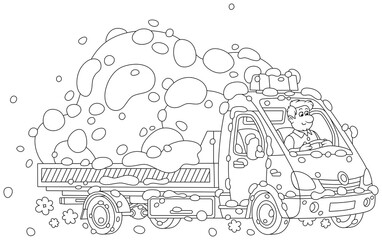 Funny driver in a small truck carrying a big heap of snow from winter streets of a town, black and white vector cartoon illustration for a coloring book page