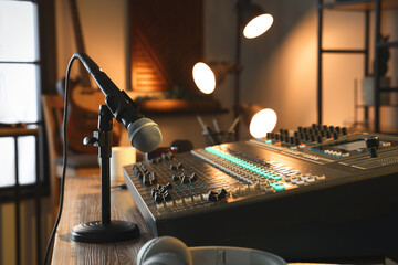 Professional audio equipment in modern radio studio