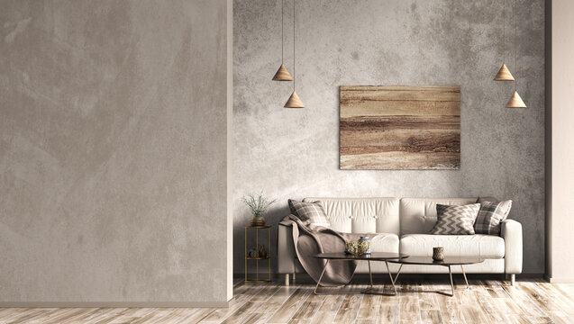 Interior design of modern apartment, beige sofa in living room, concrete stucco mock up wall, home design 3d rendering