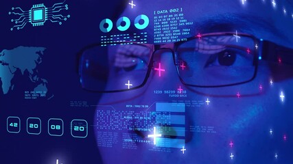 Cybersecurity NFT finance business graph chart data report, crypto, blockchain trading,  businessman eyes close up looking at global business information virtual meeting hologram technology