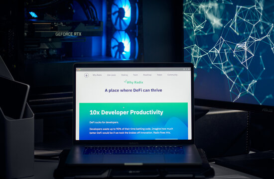 Milan, Italy - January 11, 2022: radix - XRD website's hp seen on a laptop screen. radix, XRD coin logo visible. Cryptocurrency, defi, nft concepts illustrative editorial.