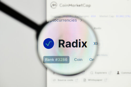 Milan, Italy - January 11, 2022: radix - XRD website's hp.  radix, XRD coin logo visible through a loope. Defi, ntf, cryptocurrency concepts illustrative editorial.