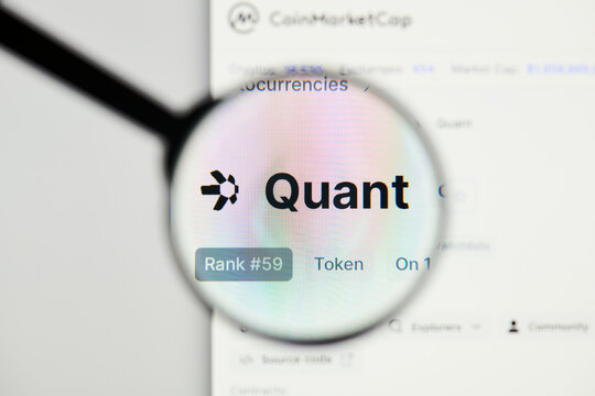 Milan, Italy - January 11, 2022: quant - QNT website's hp.  quant, QNT coin logo visible through a loope. Defi, ntf, cryptocurrency concepts illustrative editorial.