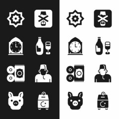 Set Wine bottle with glass, Clock, Octagonal star, No alcohol, Traditional carpet, Muslim man, Donate or pay your zakat and Pig icon. Vector