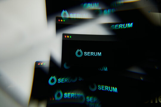 Milan, Italy - January 11, 2022: serum - SRM logo on laptop screen seen through an optical prism. Dynamic and unique image form serum, SRM coin website. Illustrative editorial.