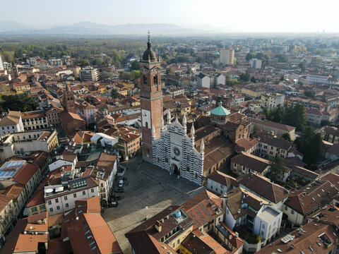 Aerial view of facade of the ancient Duomo in Monza (Monza Cathedral). Drone photography of the main square with church in Monza in north Italy, Brianza, Lombardia.