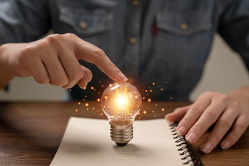 hand holding a light bulb.Communicating the emergence of creative business ideas or learning..