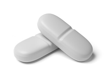 Two white pills realistic with texture and shadows isolated on white background. 3D rendering