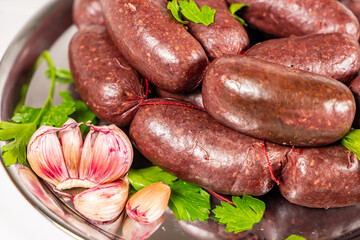 Grilled pork beef sausages, Oktoberfest dishes, isolated on white background.
