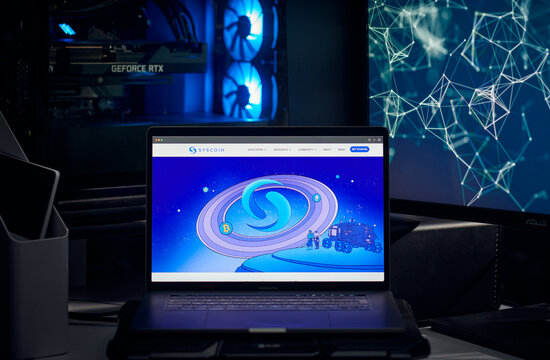 Milan, Italy - January 11, 2022: syscoin - SYS website's hp seen on a laptop screen. syscoin, SYS coin logo visible. Cryptocurrency, defi, nft concepts illustrative editorial.