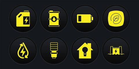 Set Water energy, Location with leaf, LED light bulb, Smart house and, Battery, Bio fuel barrel, Hydroelectric dam and Eco canister icon. Vector