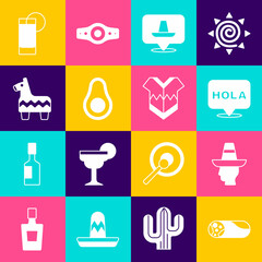 Set Burrito, Mexican man sombrero, Hola, Avocado fruit, Pinata, Tequila glass with lemon and Poncho icon. Vector © vector_v