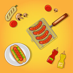 Barbeque set of items. Fried sausages with vegetables and mushrooms