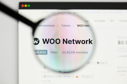 Milan, Italy - January 11, 2022: woo network - WOO website's hp.  woo network, WOO coin logo visible through a loope. Defi, ntf, cryptocurrency concepts illustrative editorial.