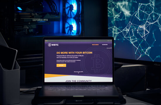 Milan, Italy - January 11, 2022: wrapped bitcoin - WBTC website's hp seen on a laptop screen. wrapped bitcoin, WBTC coin logo visible. Cryptocurrency, defi, nft concepts illustrative editorial.