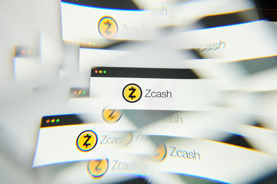 Milan, Italy - January 11, 2022: zcash - ZEC logo on laptop screen seen through an optical prism. Dynamic and unique image form zcash, ZEC coin website. Illustrative editorial.