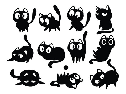 Set of black cats. Collection of silhouette of funny cats in different poses. Vector illustration isolated on white background. Drawing with children.