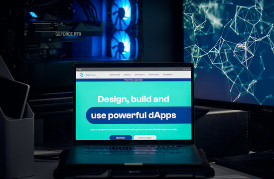 Milan, Italy - January 11, 2022: zilliqa - ZIL website's hp seen on a laptop screen. zilliqa, ZIL coin logo visible. Cryptocurrency, defi, nft concepts illustrative editorial.