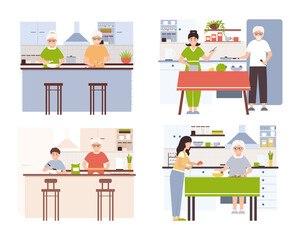 Collection of people cooking in kitchen, serving table, dining together, eating food. Parents, grandparents and kids preparing food for dinner, bake cookies and cake.
