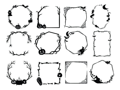 Set of Halloween frames. Collection of frames with a skull, ghosts and a bat. Awesome design. Vector illustration for decorating invitations.