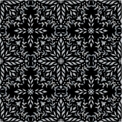 Mandala floral seamless pattern on black background.