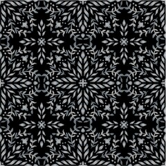 Mandala floral seamless pattern on black background.