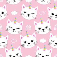 Obraz premium Cute white cat faces with unicorn hors - funny doodle, seamless pattern. sleeping mask, stars, hearts. Cartoon background, texture for bedsheets, pajamas.