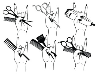 Set of female hand with hairdressing tools. Collection of stylists hand with scissors. Hairdresser logo for beauty salon. Horn sign. Tattoo.