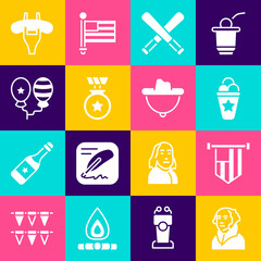 Set George Washington, American flag, Ice cream waffle cone, Crossed baseball bat, Medal with star, Balloons, Sausage the fork and Western cowboy hat icon. Vector