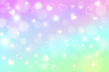 Rainbow fantasy background. Holographic illustration in pastel colors. Cute cartoon girly background. Bright multicolored sky with bokeh and hearts. Vector.